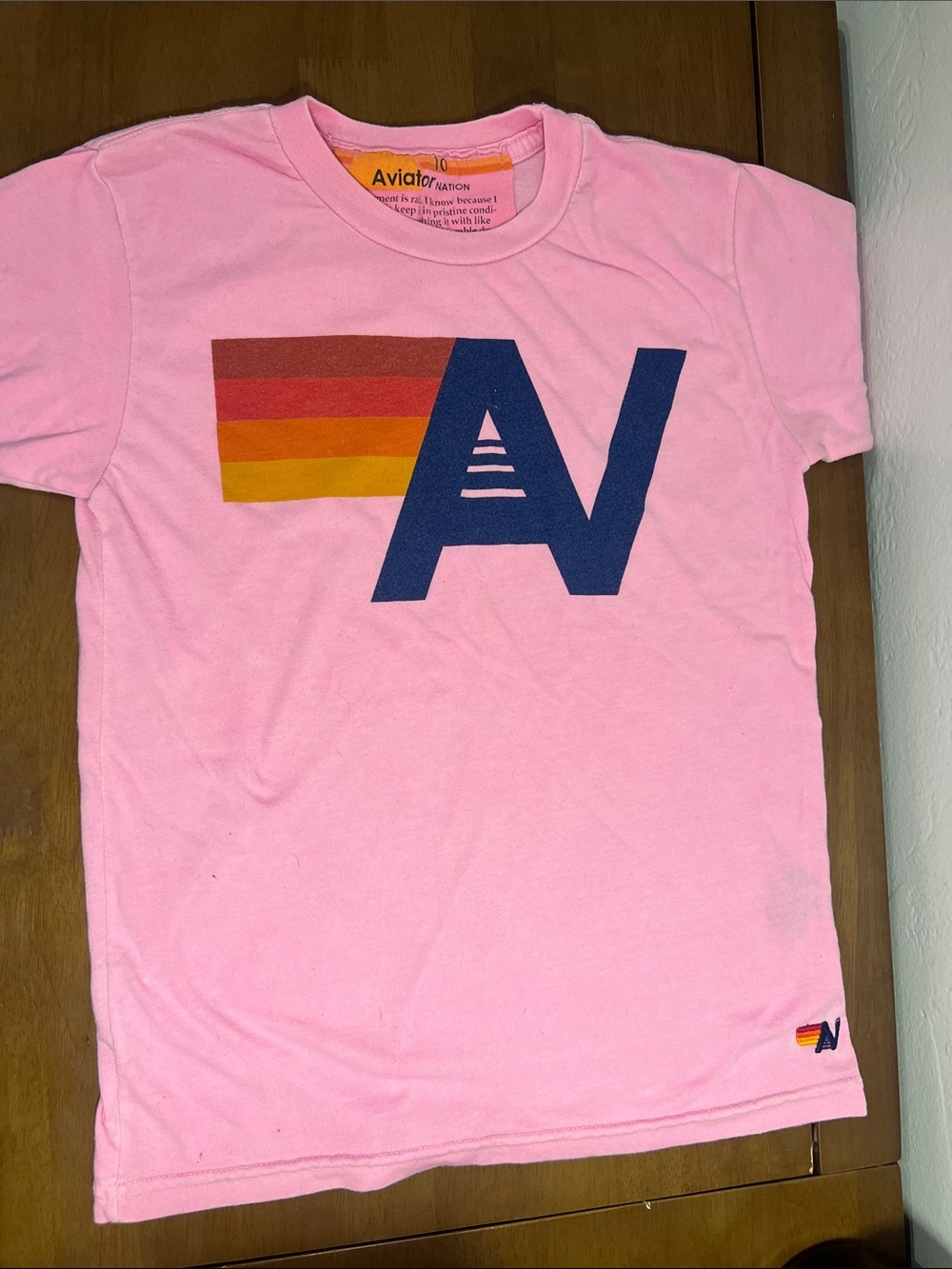 Aviator Nation Pink Tee with Navy 'A' and Sunset Stripe